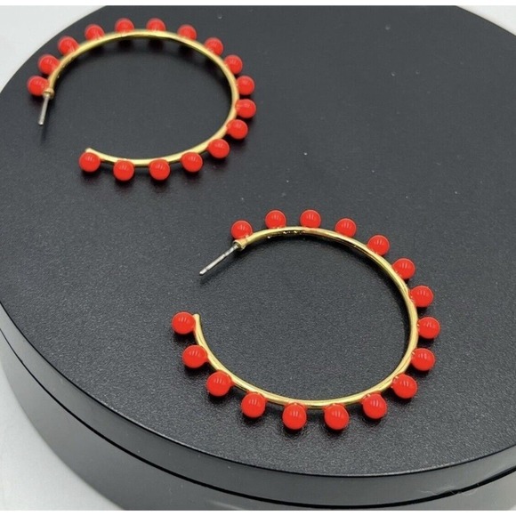 J. Crew Neon Orange Beaded Gold Tone Hoop Earrings - Picture 6 of 13